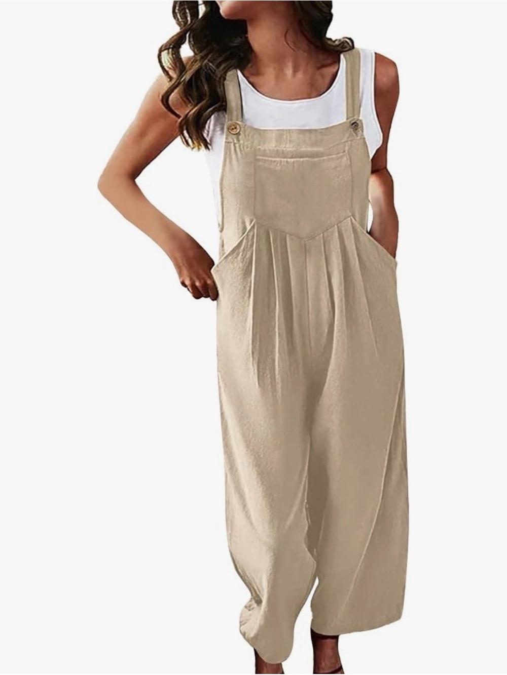 Beige Casual Wide-Leg Cotton Jumpsuit Overalls Romper Bib, Runs Small